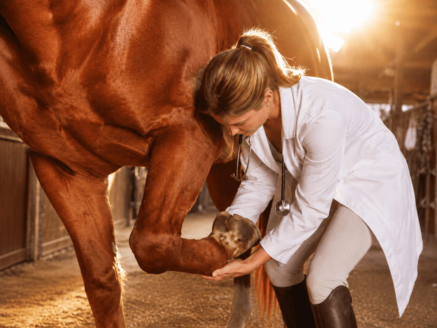 Veterinarian examining a horse's hoof in a green field